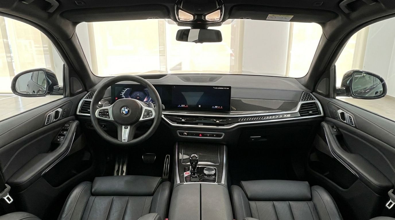 L'intérieur luxueux en cuir noir et le tableau de bord moderne du BMW X5 xDrive M Sport à Marbella.