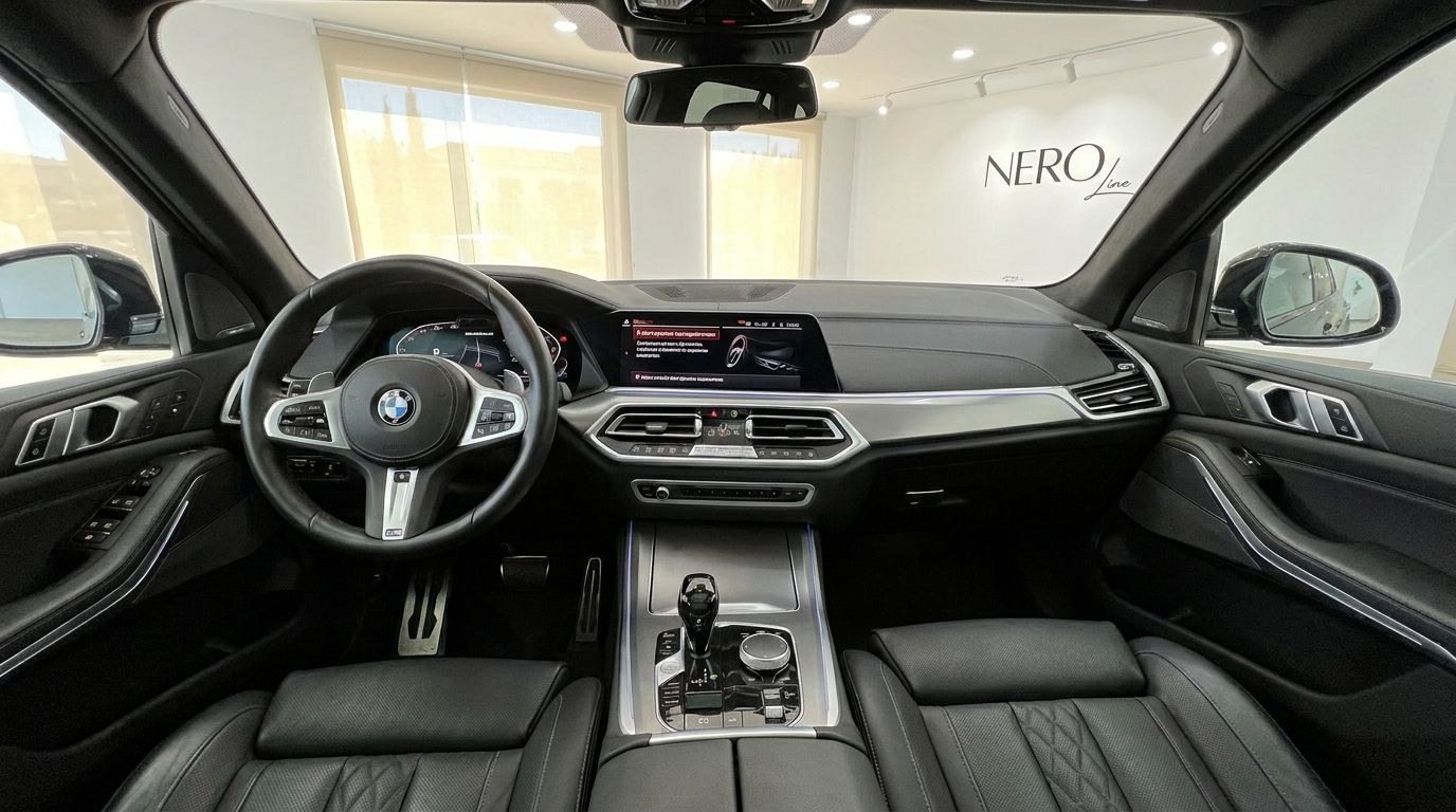 The luxurious cockpit interior of the 2021 BMW X5 xDrive45e, showcasing the steering wheel, dashboard, and infotainment system in Alicante.