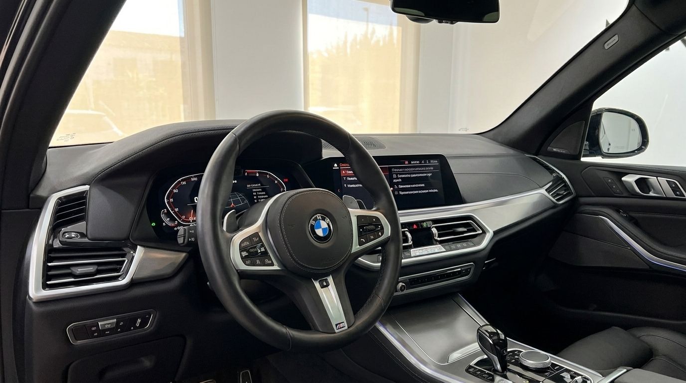 The interior of the 2021 BMW X5 xDrive45e in Alicante, featuring the steering wheel, dashboard, and infotainment screen.
