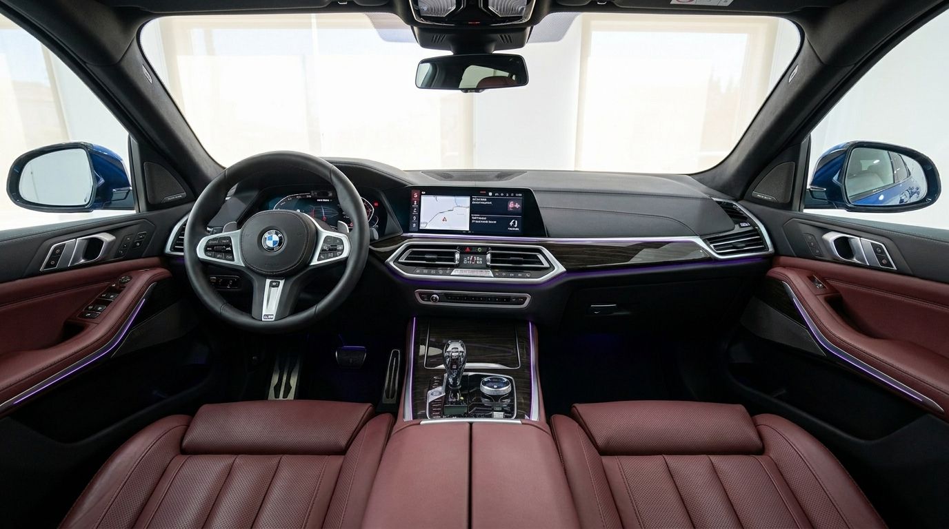 The luxurious interior of the 2020 BMW X6 in Alicante, featuring a modern cockpit, dashboard, and elegant red leather seats.