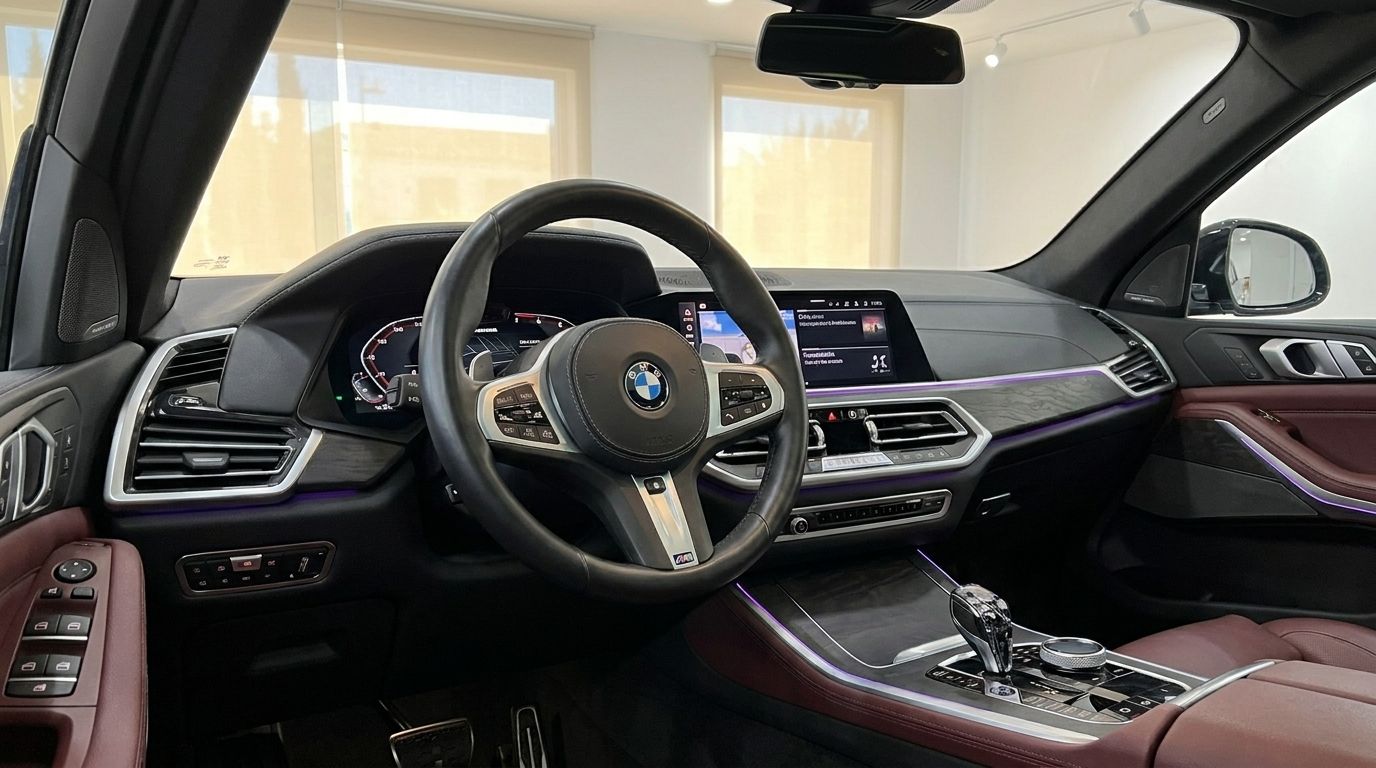 The luxurious interior of the BMW X6 in Alicante, featuring its advanced dashboard, steering wheel, and red leather seats.