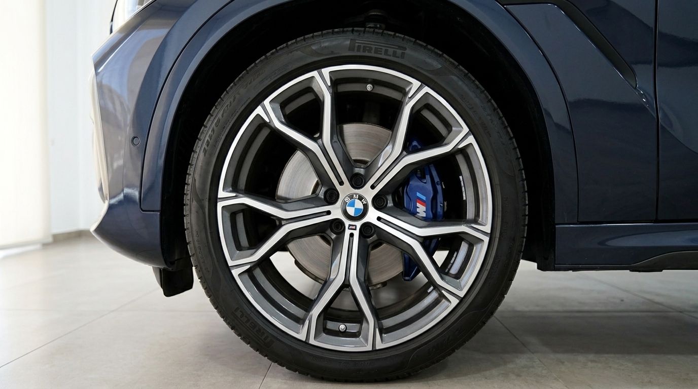 Close-up view of the BMW X6's front wheel, featuring a multi-spoke rim and blue M Sport brake caliper in Alicante.