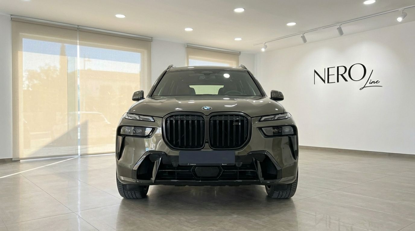 The dark olive green 2024 BMW X7 3.0d is shown from the front in a showroom in Alicante.