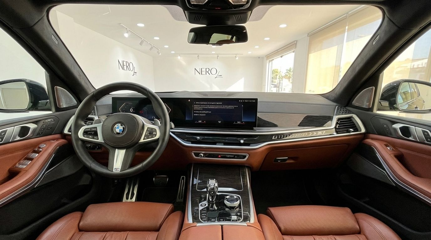 View of the luxurious BMW X7 3.0d cockpit in Alicante, featuring the modern dashboard, steering wheel, and rich brown leather interior.