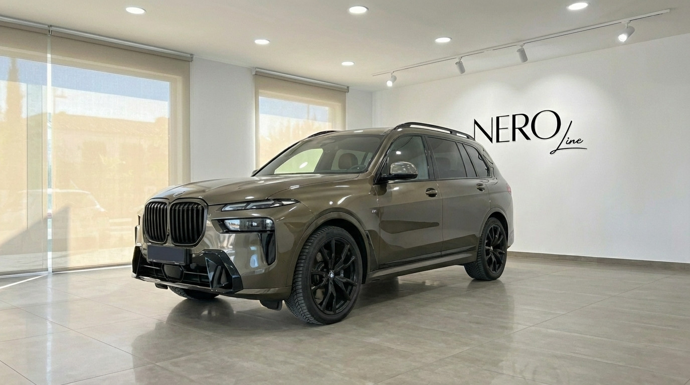 BMW X7 3.0d — Luxury SUV in Alicante The dark olive green BMW X7 3.0d luxury SUV is presented from a front three-quarter angle, parked indoors in Alicante.