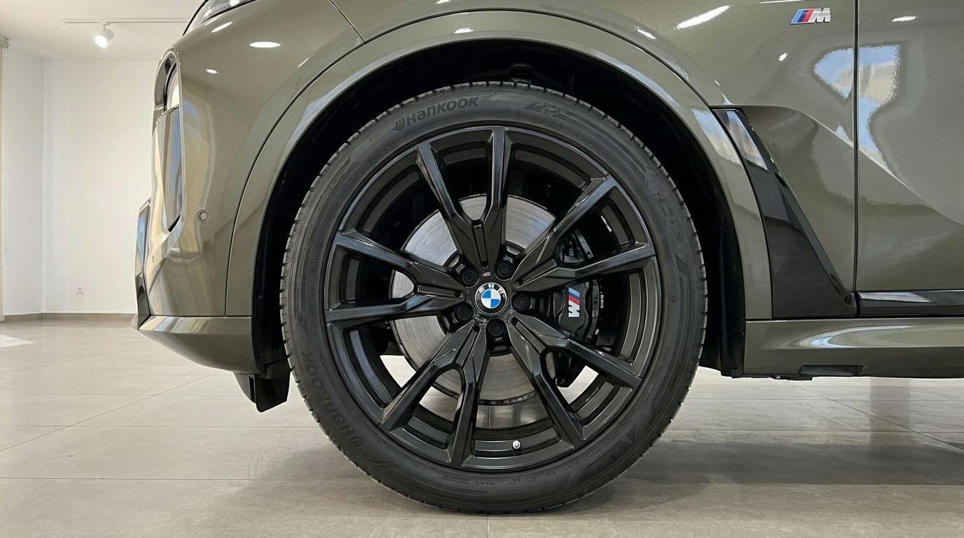 The dark olive green 2024 BMW X7 3.0d's front wheel with black multi-spoke rim and M Sport brake caliper, captured in Alicante.