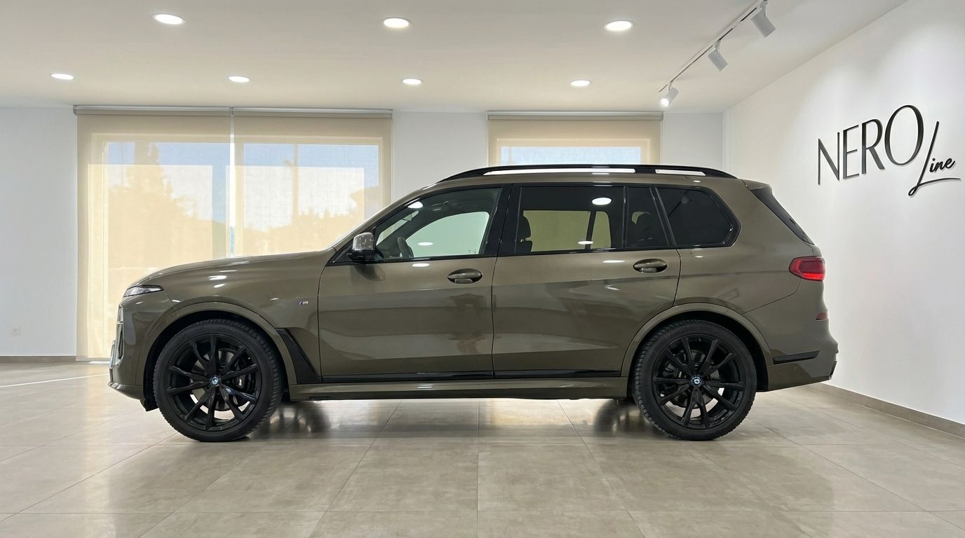The dark olive green 2024 BMW X7 3.0d is showcased from a side profile in a modern showroom in Alicante.