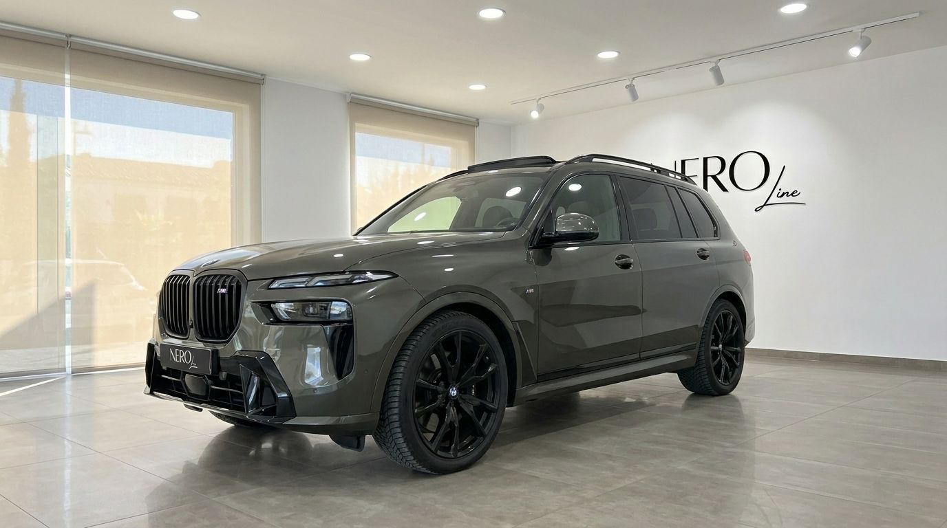 Dark grey BMW X7 SUV, front three-quarter view, parked in a modern showroom in Alicante.