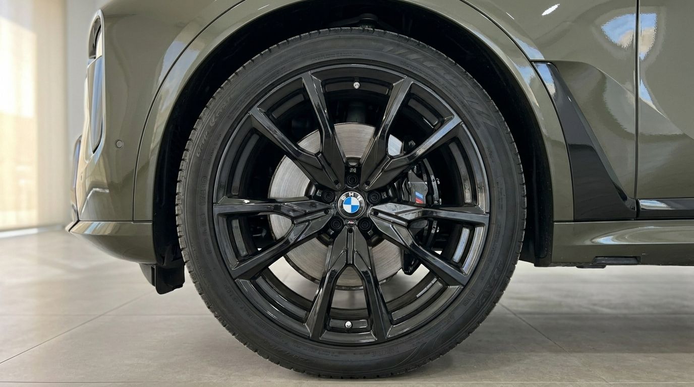 A detailed view of the BMW X7's front wheel, showcasing its black multi-spoke rim and brake caliper, available in Alicante.