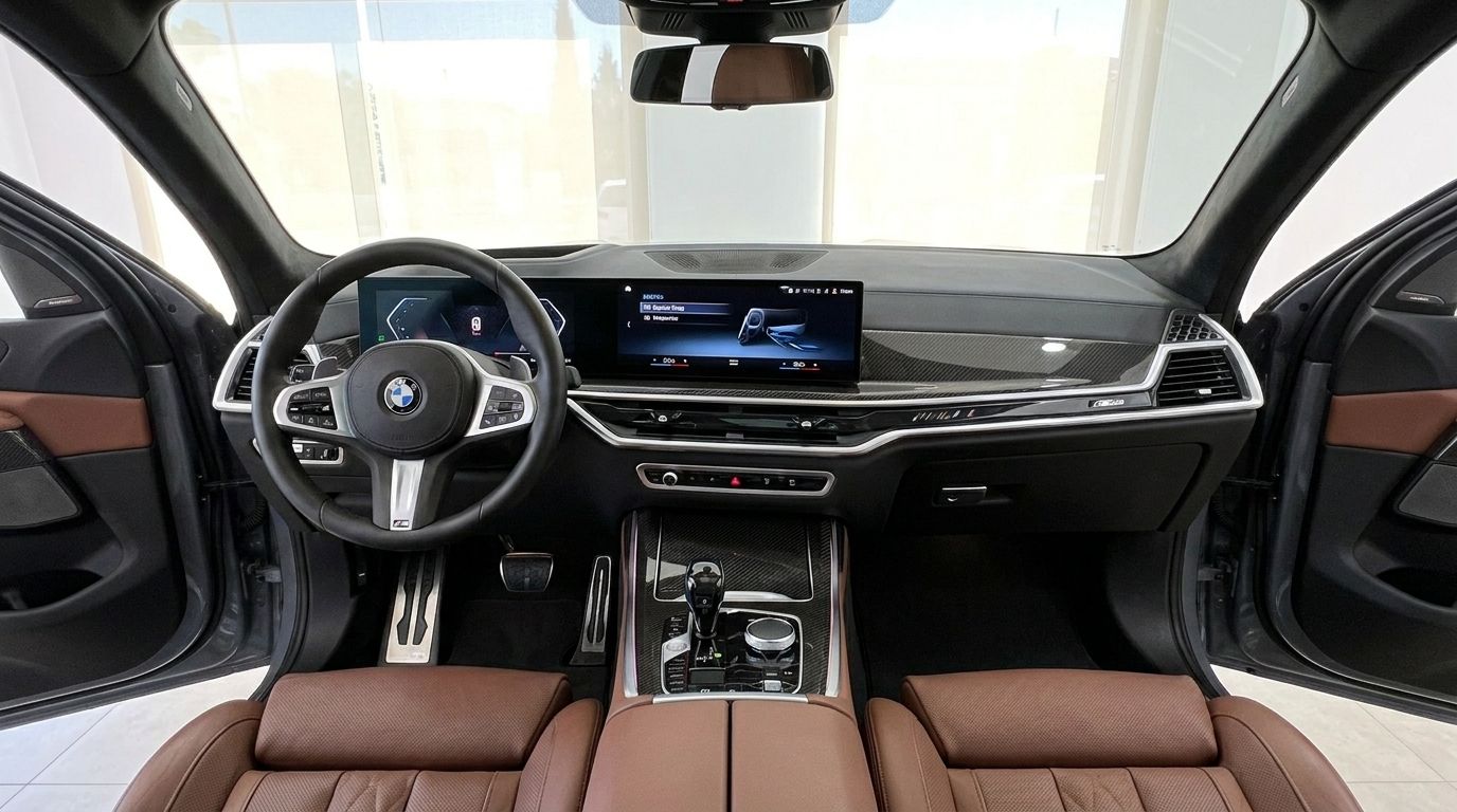 The luxurious interior of the 2025 BMW X7 in Alicante, featuring the dashboard, steering wheel, and brown leather seats.