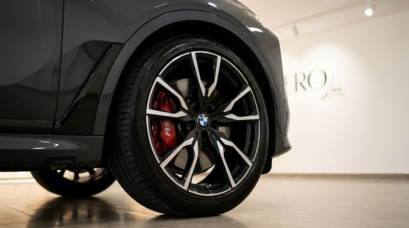 The BMW X7 M50i's front wheel, featuring stylish black and silver rims and distinctive red brake calipers, in Benidorm.