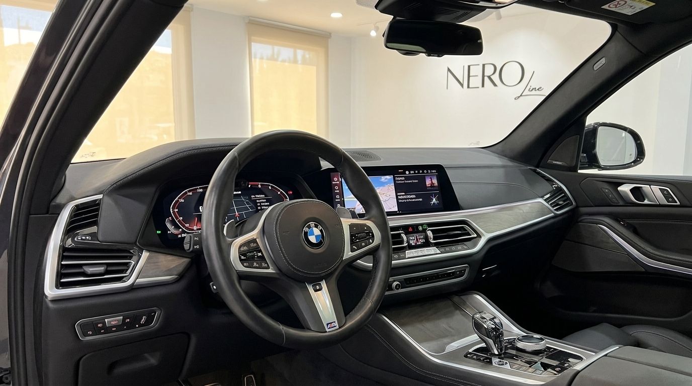 The luxurious interior of the BMW X7 M50i in Benidorm, showcasing the steering wheel, digital dashboard, and infotainment system.
