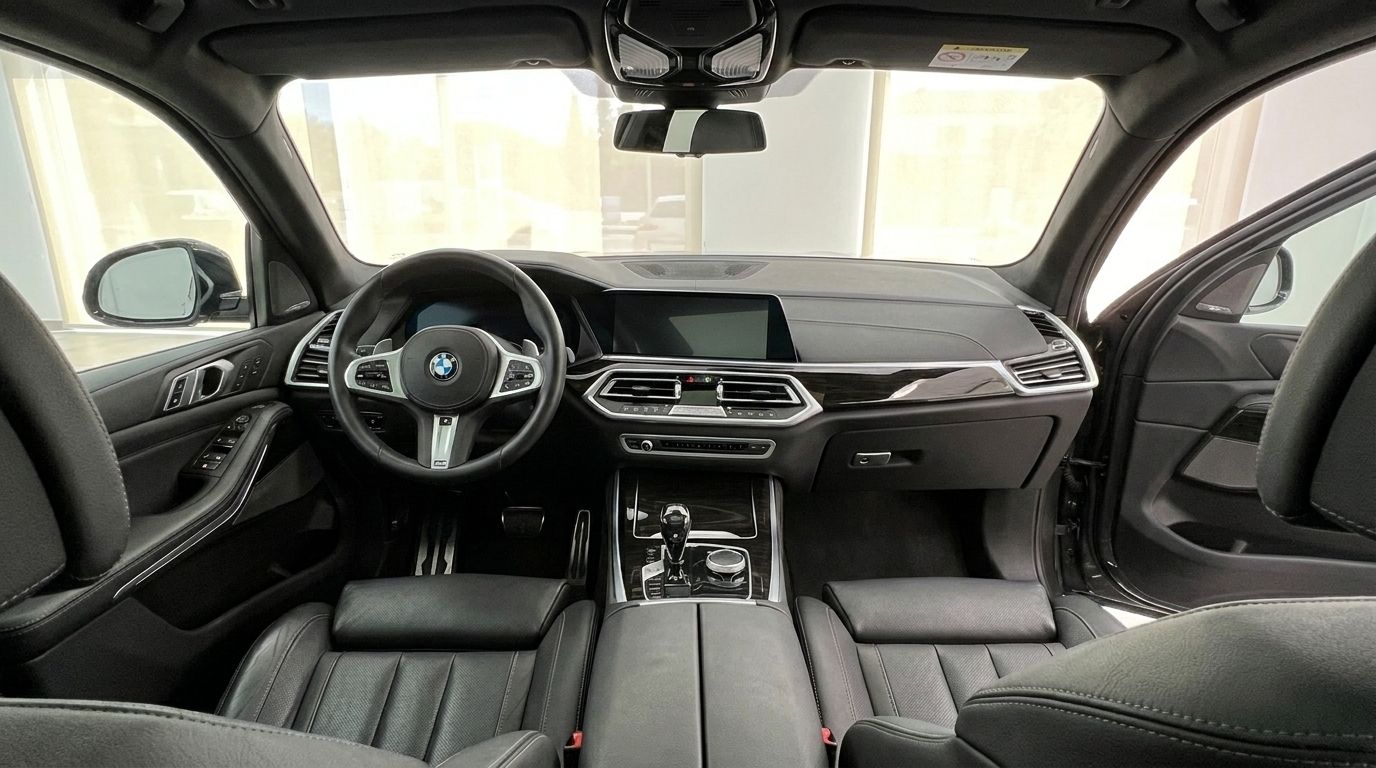 The luxurious interior of the BMW X7 M50i in Benidorm, showcasing the dashboard, steering wheel, and comfortable front seats.