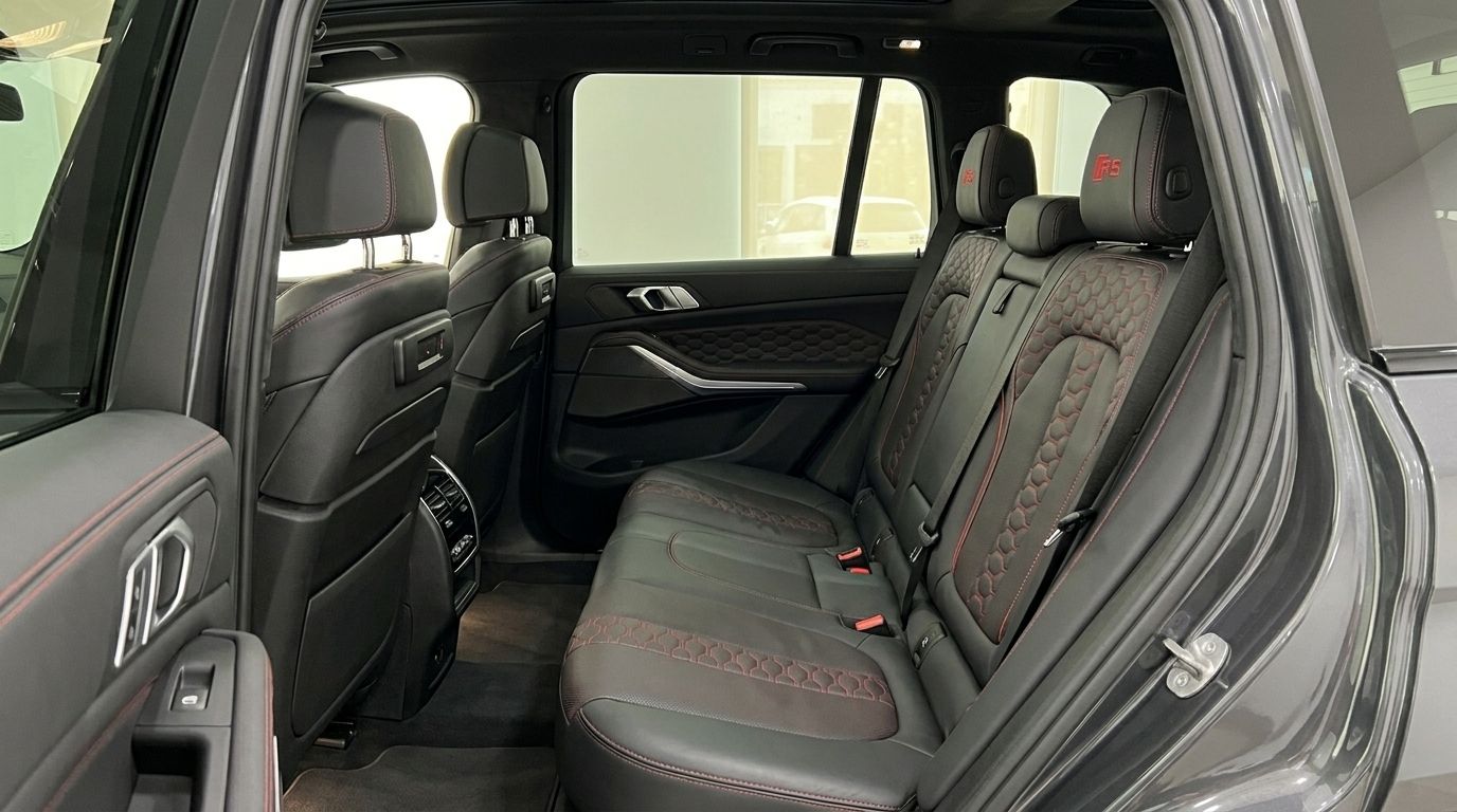 The luxurious rear interior of the BMW X7 M50i in Benidorm, showcasing black leather seats with distinctive red stitching and M50i headrest logos.
