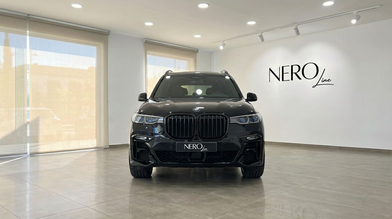 The black 2025 BMW X7 M50i Special Edition is shown from the front in a showroom in Alicante.