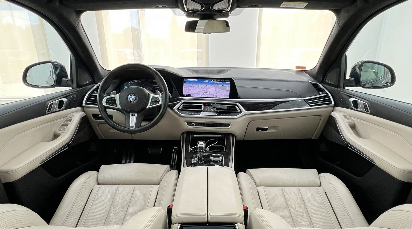 The luxurious interior and cockpit of the 2025 BMW X7 M50i Special Edition, featuring beige leather seats and a large central display, visible in Alicante.