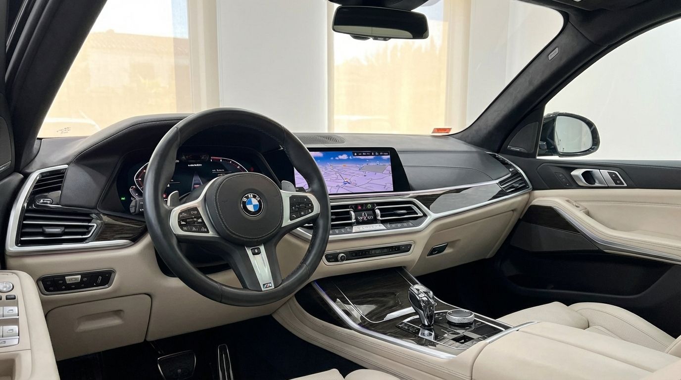 The luxurious interior dashboard and steering wheel of the BMW X7 M50i Special Edition, featuring a navigation screen, available in Alicante.