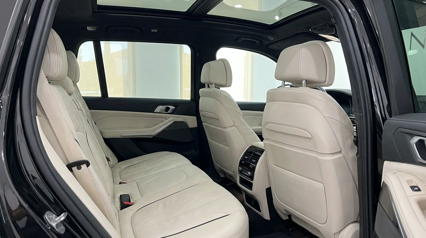 The luxurious rear interior of the 2025 BMW X7 M50i Special Edition in Alicante, featuring elegant light beige leather seats and a panoramic roof.