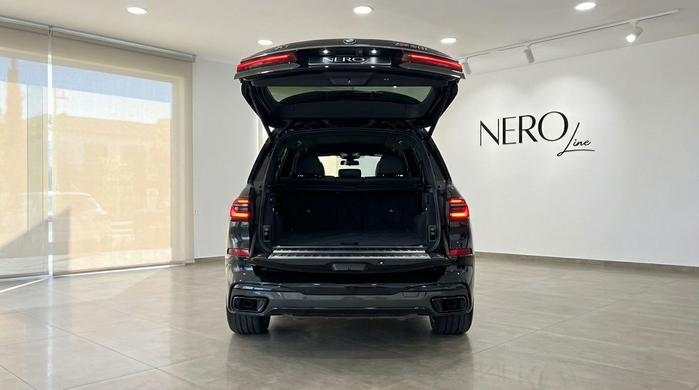 The black BMW X7 M50i Special Edition is shown from the rear with its spacious boot open in a showroom in Alicante.