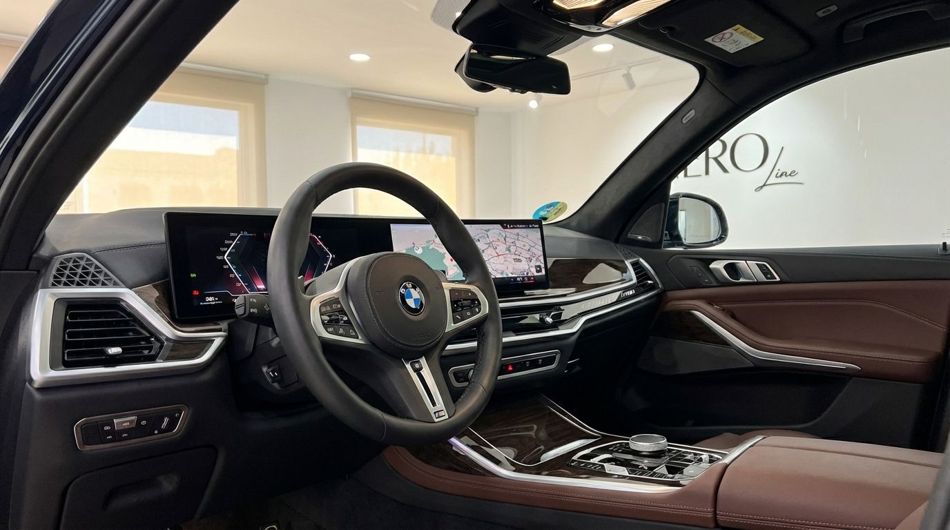 El lujoso interior del BMW X7 M60i 2024 en Madrid, mostrando su moderna cabina con pantallas digitales y elegante tapicería de cuero marrón.