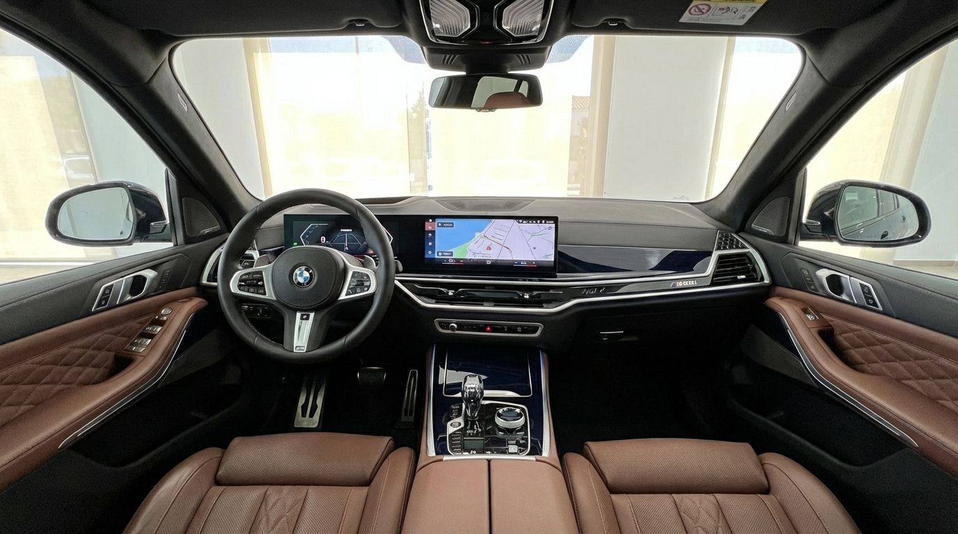 El lujoso interior del BMW X7 M60i 2024 en Madrid, con un sofisticado salpicadero, volante y asientos de cuero marrón.
