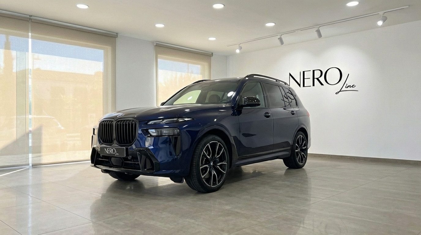 BMW X7 M60i — Vista frontal tres cuartos Madrid El BMW X7 M60i azul oscuro de 2024 se exhibe desde un ángulo frontal tres cuartos en una luminosa sala de exposiciones de Madrid.