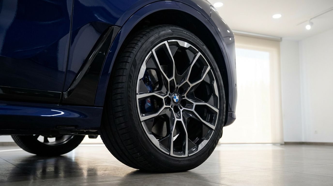 La rueda delantera del BMW X7 M60i 2024 azul oscuro, con llantas negras y plateadas y pinzas de freno azules, se exhibe en Madrid.