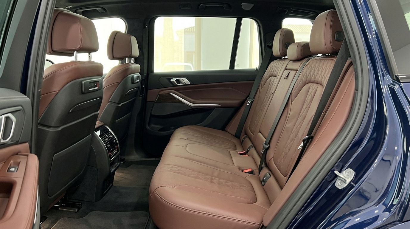 Los lujosos asientos traseros de cuero marrón del interior del BMW X7 M60i 2024, disponible para alquiler en Madrid.