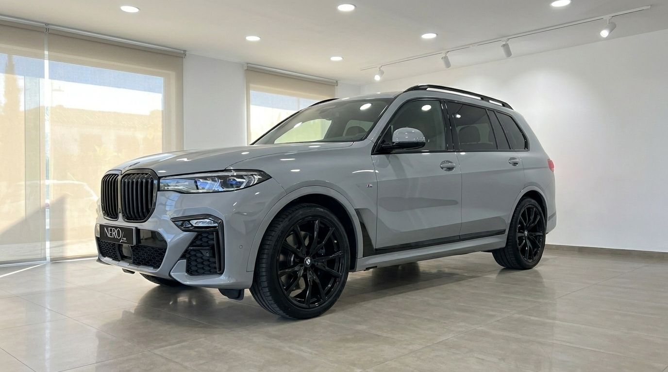 The grey BMW X7 xDrive M Sport, featuring black wheels, is showcased from a front three-quarter view indoors in Marbella.