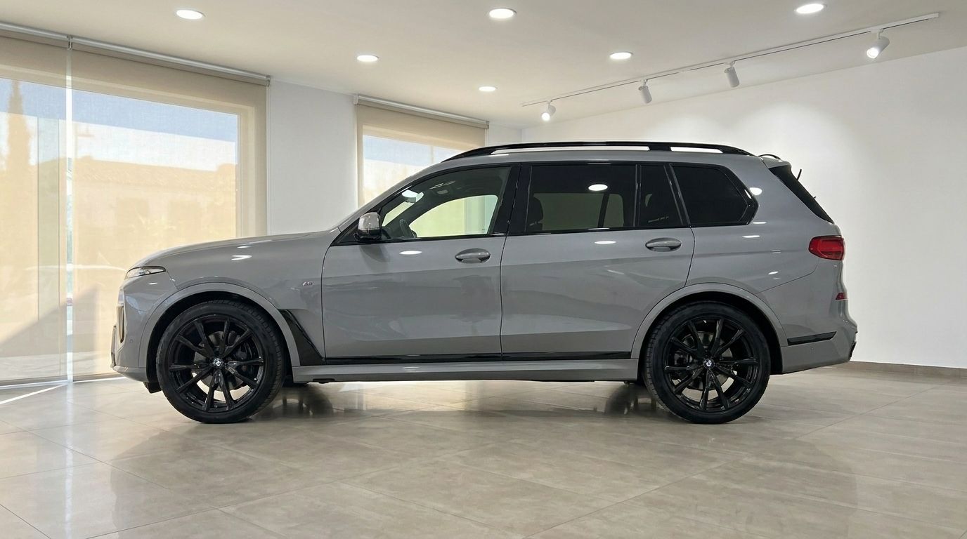 The Gloss Brooklyn Grey BMW X7 xDrive M Sport, a luxury performance SUV, is shown in a side profile view indoors in Marbella.
