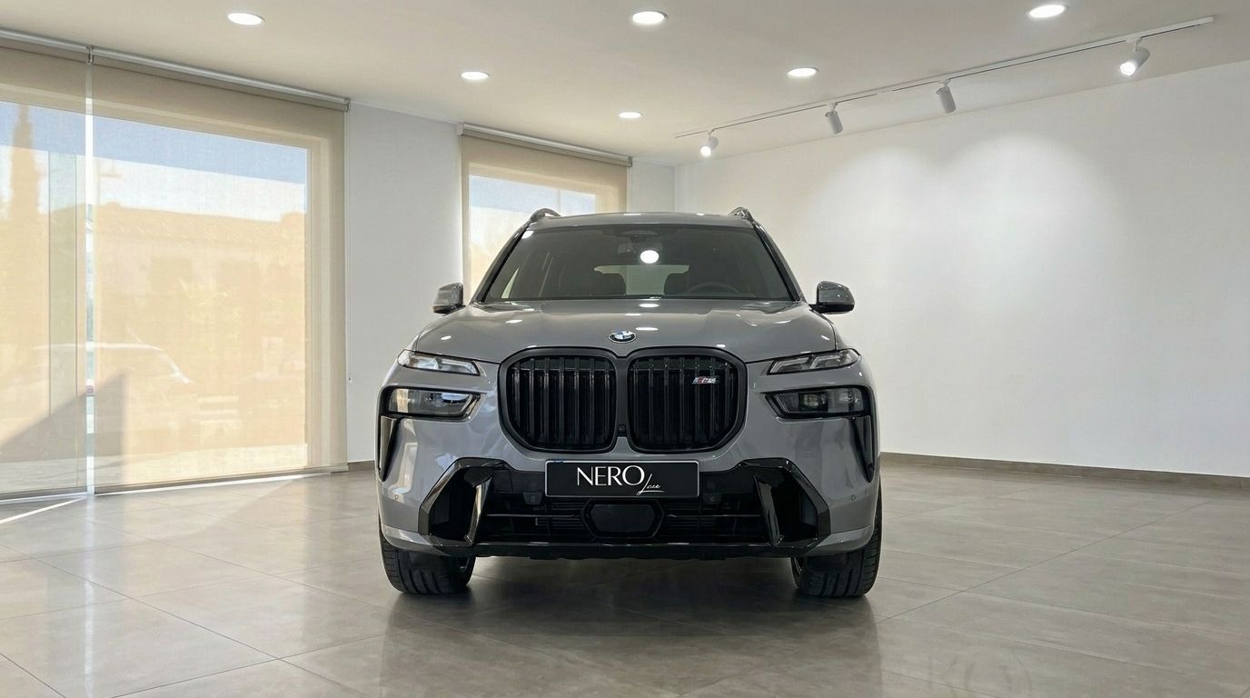 The front view of the Gloss Brooklyn Grey BMW X7 xDrive M Sport, showcasing its distinctive grille in a Marbella showroom.