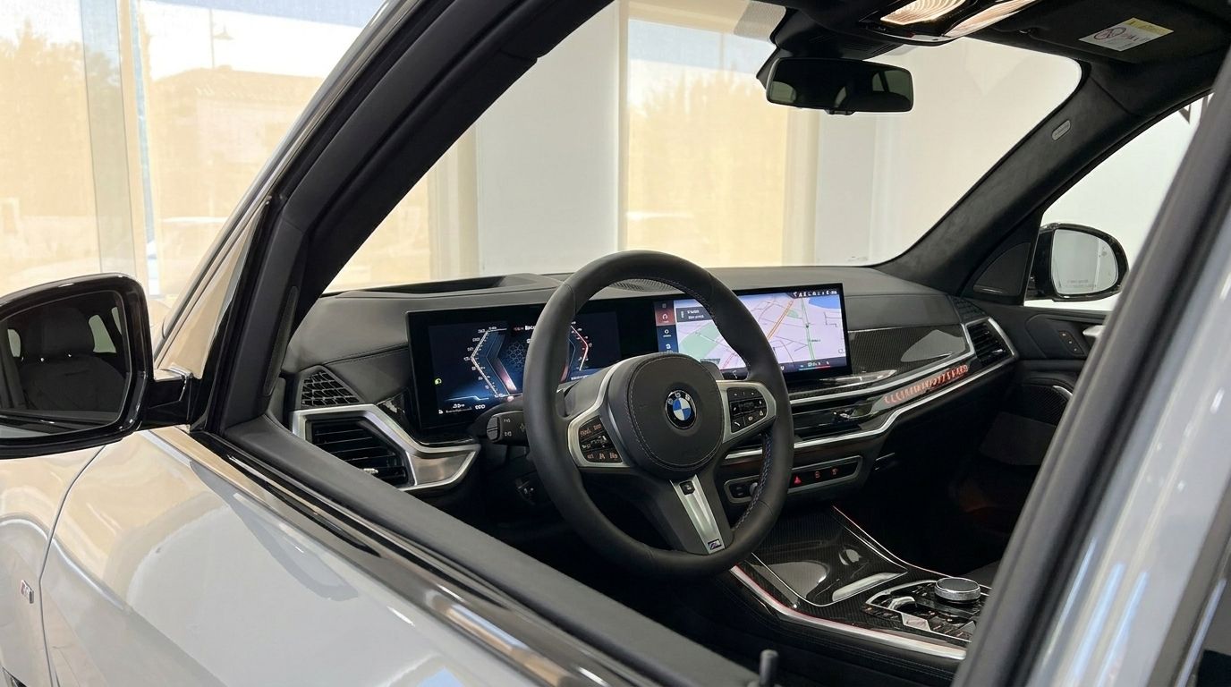 Interior view of the BMW X7 xDrive M Sport, showcasing the steering wheel, digital dashboard, and infotainment screen in Marbella.