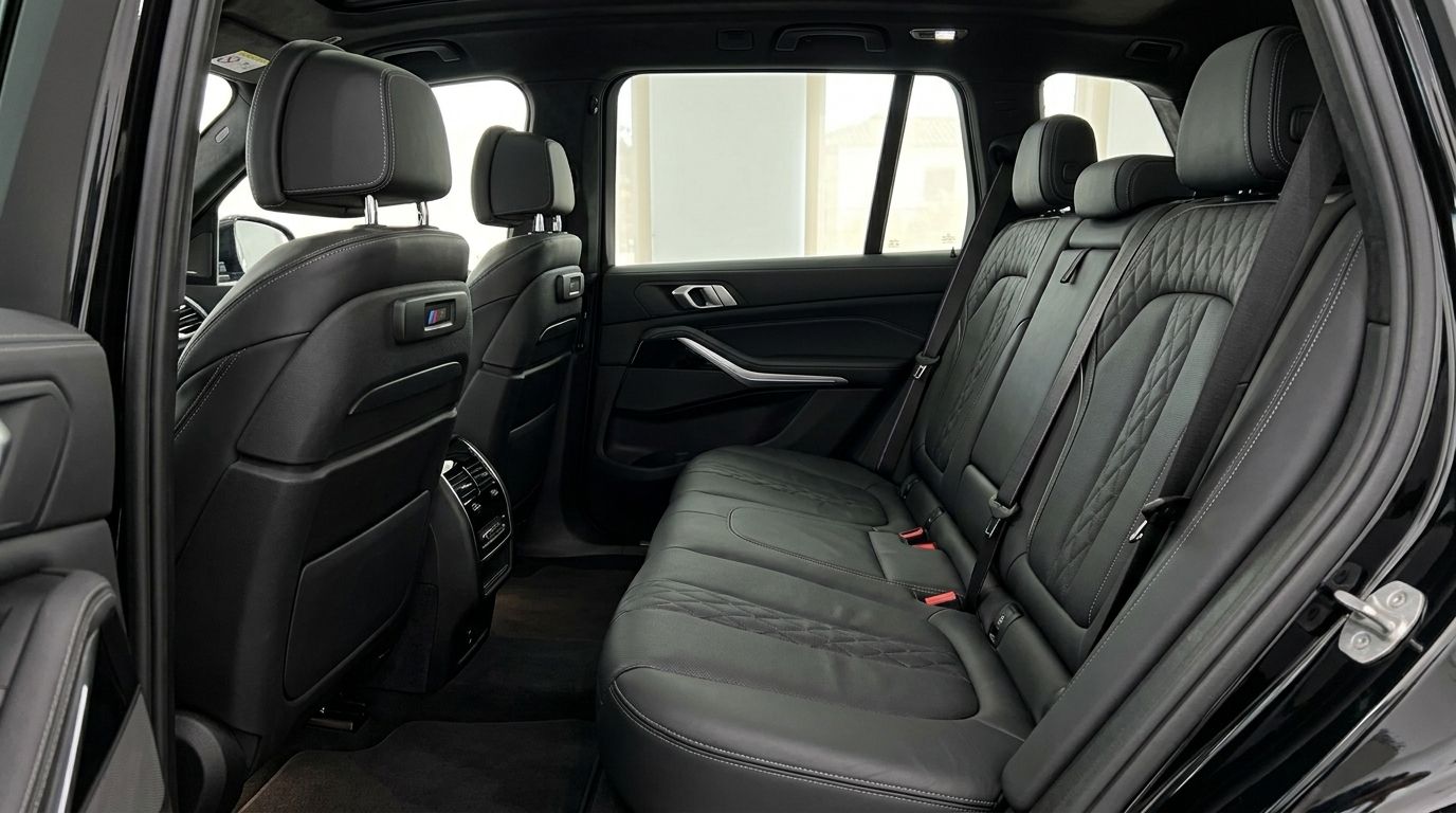 The luxurious black leather rear seats and interior of the BMW X7 xDrive M Sport in Marbella.