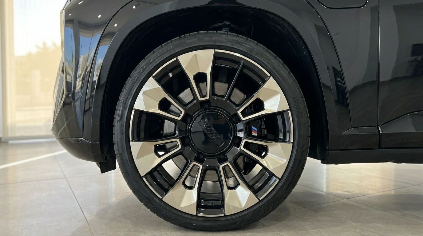 The 2025 BMW XM's distinctive black and silver multi-spoke wheel and part of its gloss black side panel are visible in Alicante.
