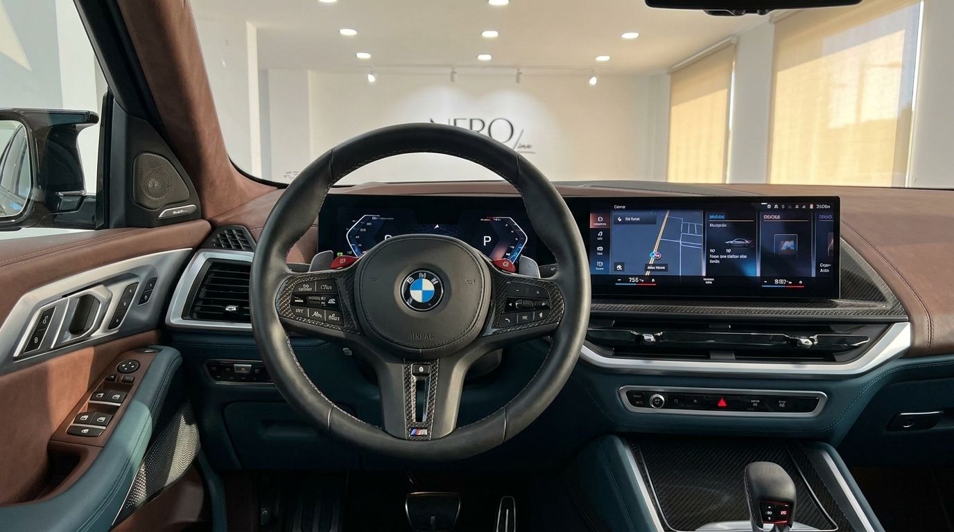 The luxurious interior cockpit of the 2025 BMW XM, featuring a multi-function steering wheel and digital dashboard, available in Alicante.