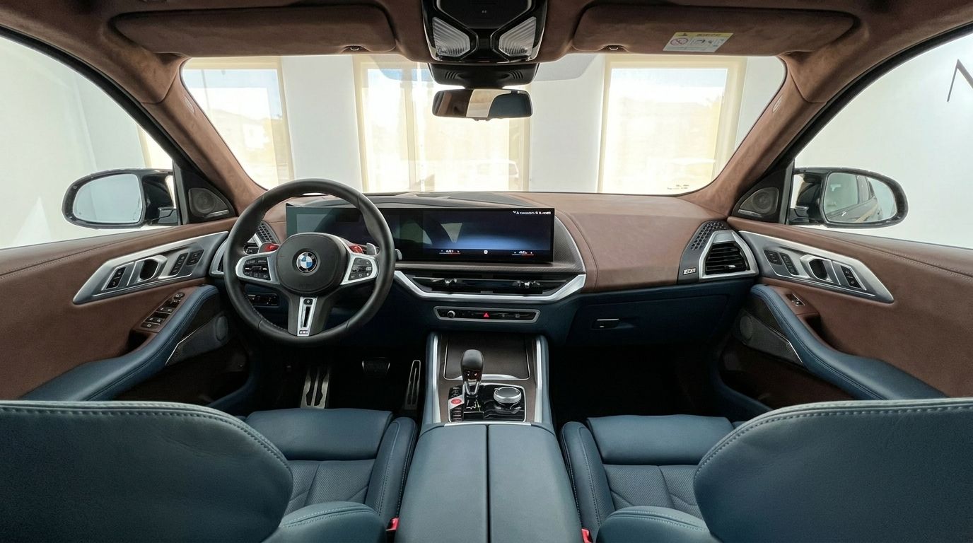 The luxurious interior cockpit of the 2025 BMW XM in Alicante, featuring blue leather seats, a brown dashboard, and modern digital displays.