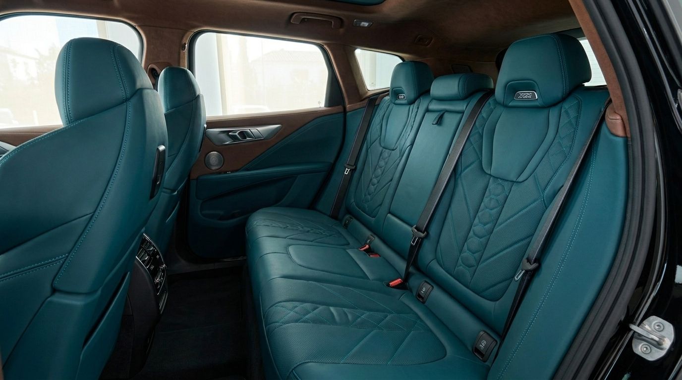 The luxurious teal leather rear seats with intricate stitching and brown accents inside the BMW XM, available in Alicante.
