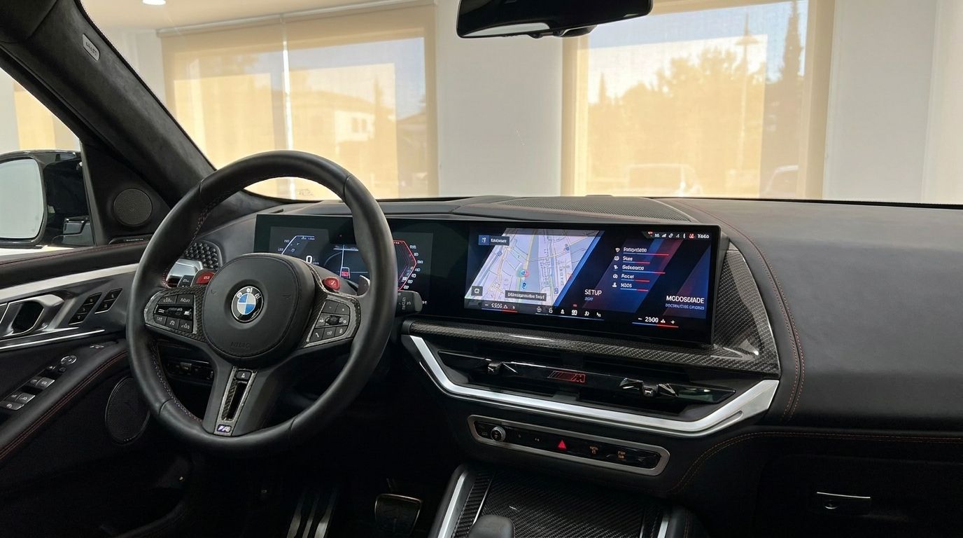 El lujoso habitáculo del BMW XM Label Red en Madrid, mostrando el volante y la pantalla digital curva con navegación.