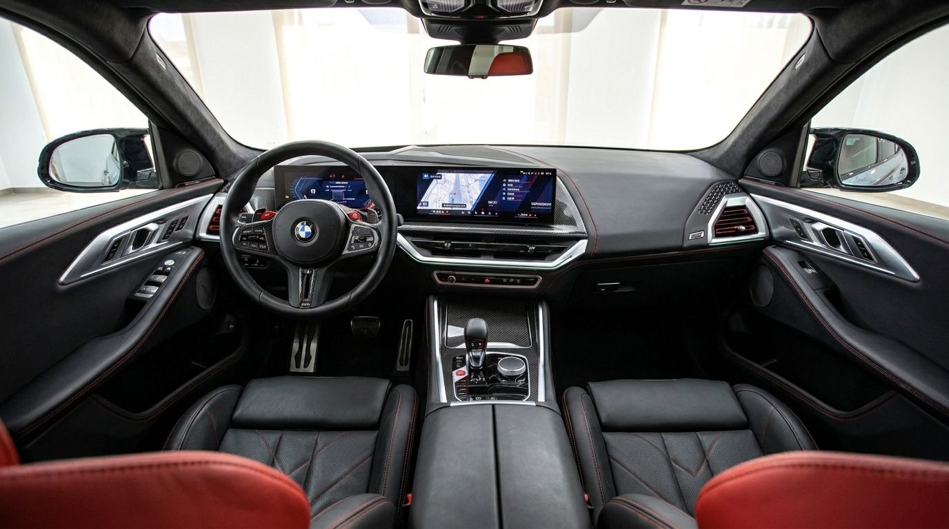 El lujoso habitáculo del BMW XM Label Red 2023 en Madrid, mostrando el salpicadero, volante y asientos de cuero negro con costuras rojas.