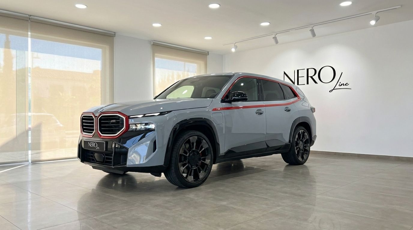 El BMW XM Label Red 2023 gris claro con detalles rojos se exhibe desde una vista tres cuartos frontal en un showroom de Madrid.