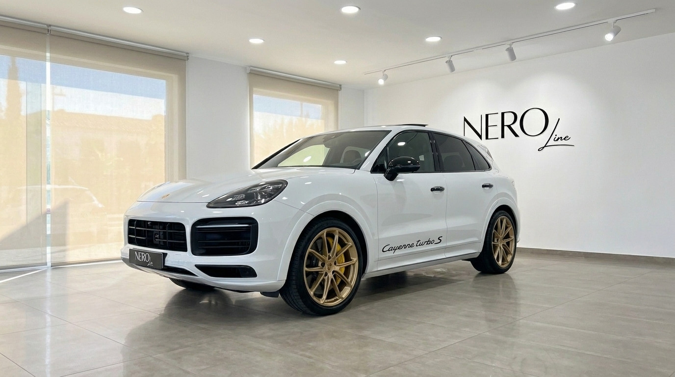 Porsche Cayenne Turbo S E-Hybrid — Showroom Alicante The white Porsche Cayenne Turbo S E-Hybrid with gold wheels is parked in a showroom in Alicante, shown from a front three-quarter view.