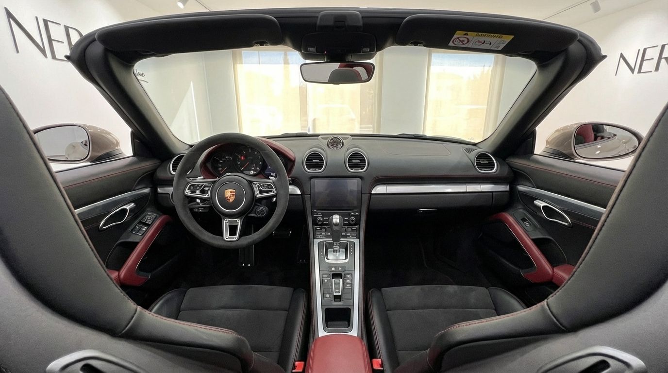 The luxurious interior of the Porsche 718 Boxster S in Barcelona, featuring the dashboard, steering wheel, and black seats with red stitching.