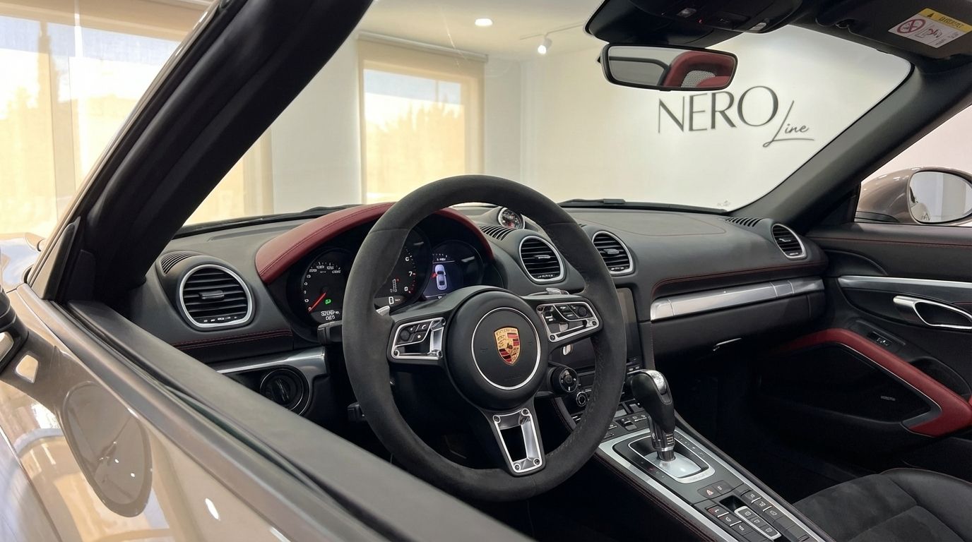 Porsche 718 Boxster S cockpit in Barcelona, showing the steering wheel, dashboard, and red interior accents.