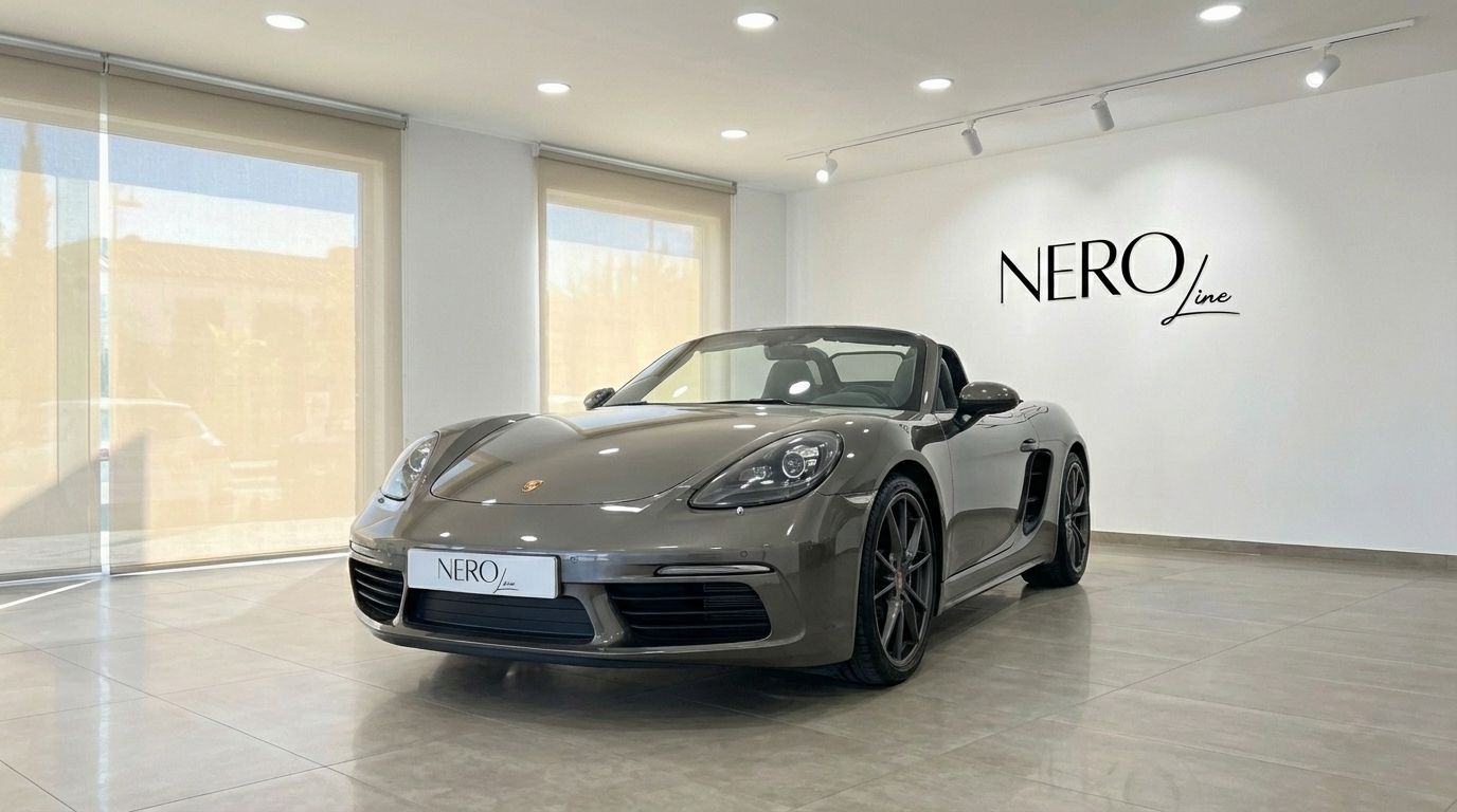 Metallic grey Porsche 718 Boxster S convertible, top down, displayed in a modern showroom in Barcelona.