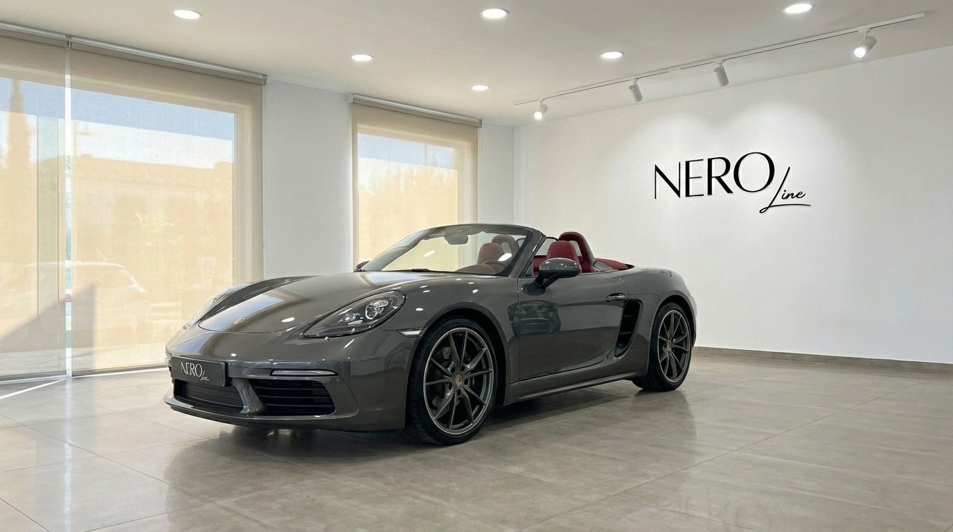 A metallic grey 2019 Porsche 718 Boxster S convertible with a red interior, shown from the front three-quarter angle in Barcelona.
