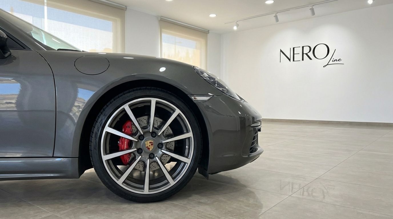 The metallic grey Porsche 718 Boxster S front wheel and fender, showcasing red brake calipers in a Barcelona showroom.