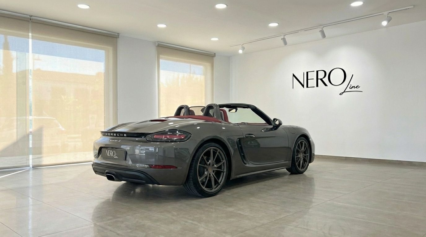 Metallic grey Porsche 718 Boxster S convertible, red interior, top down, rear three-quarter view, in a Barcelona showroom.