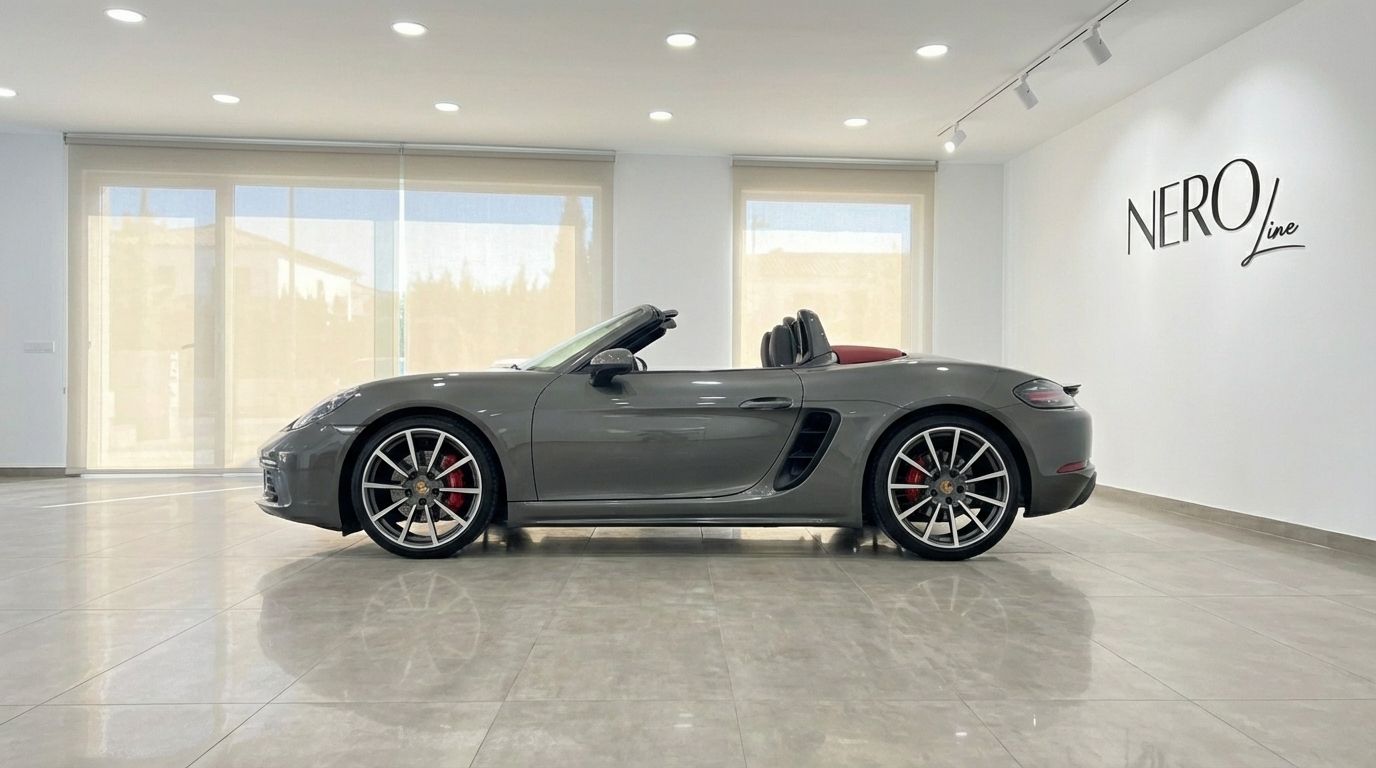 A metallic grey Porsche 718 Boxster S convertible is parked with its top down, showcasing its sleek side profile in a bright Barcelona showroom.