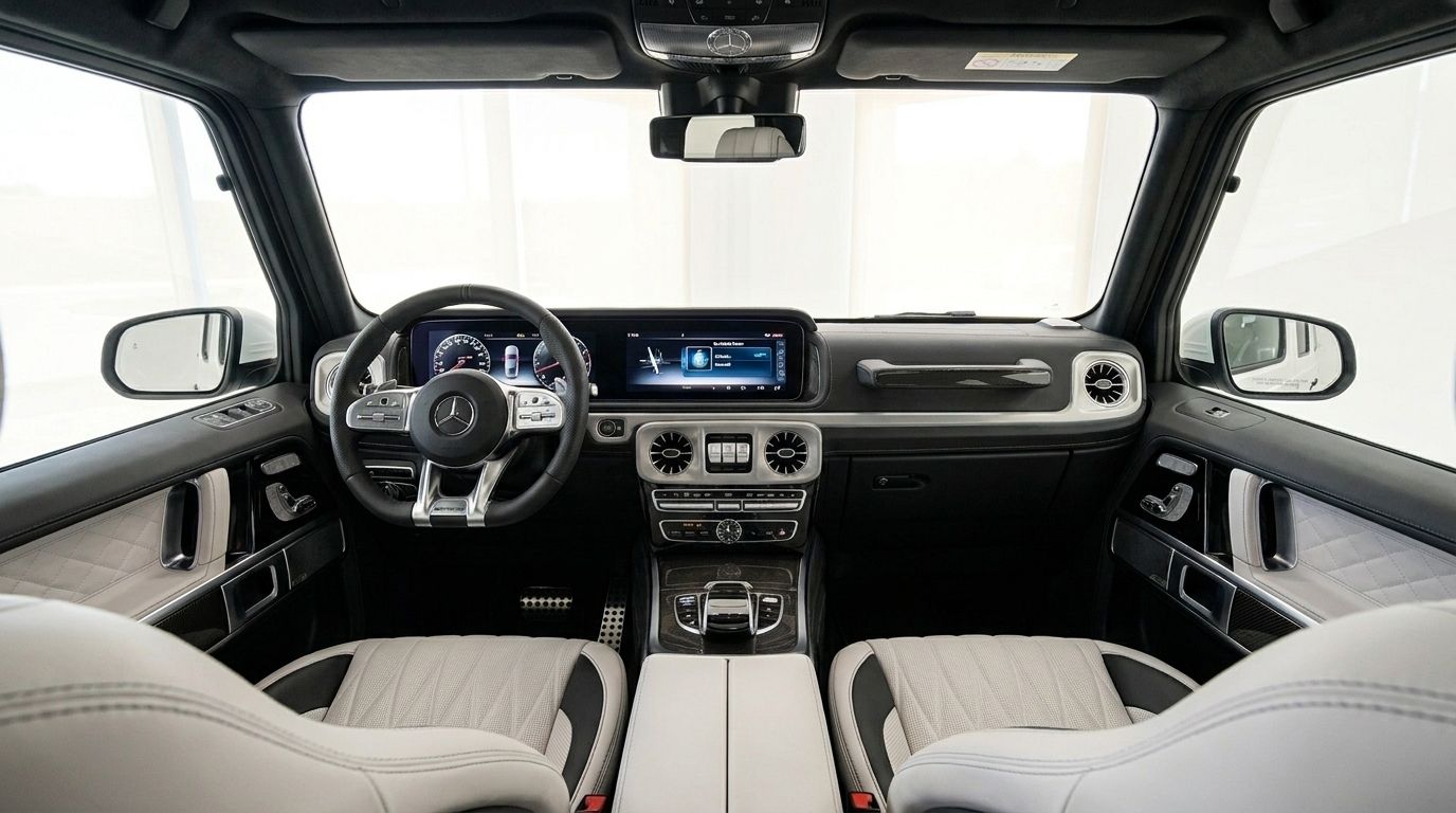 المقصورة الداخلية الفاخرة لسيارة مرسيدس-AMG G 63 موديل 2023 في ماربيا، تعرض لوحة القيادة المتطورة والمقاعد الجلدية البيضاء من النابا.