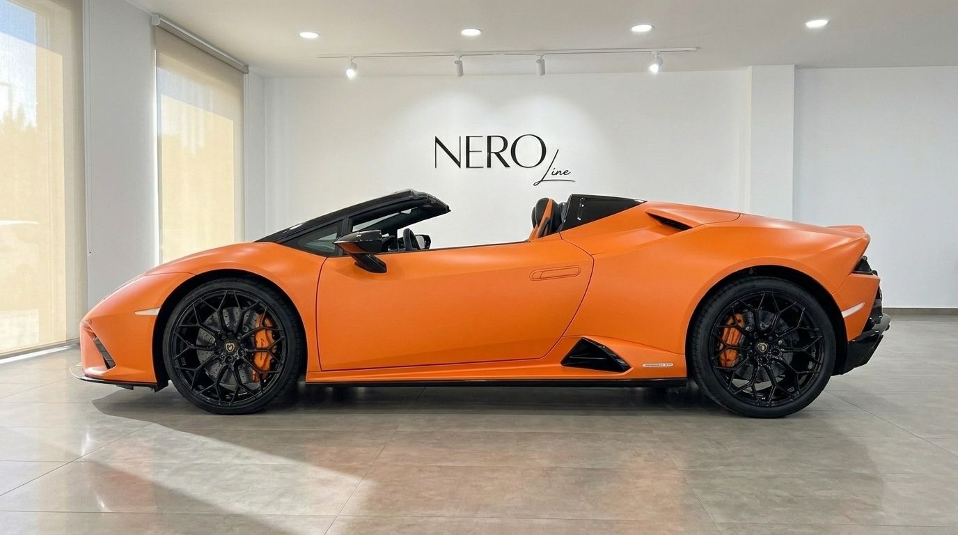 The orange Lamborghini Huracan Evo Spyder convertible is showcased in a side profile view inside a showroom in Barcelona.